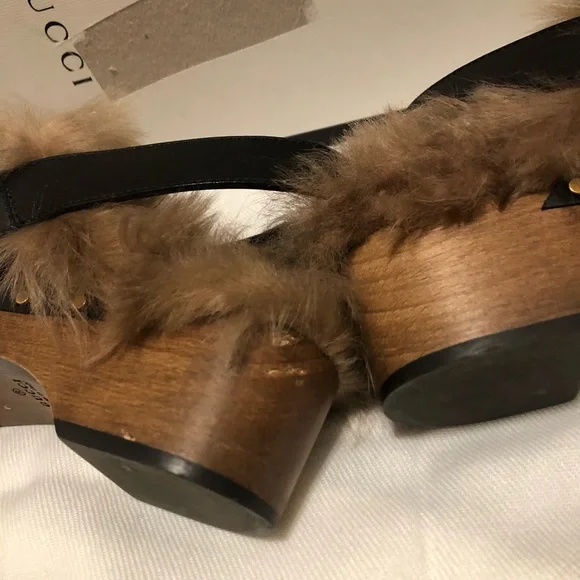Gucci Black Mules with Brown Fur and Gold Detail - Picture 6 of 9